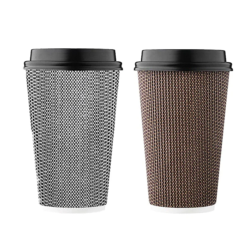 Eco friendly wholesale disposable customized printed double wall 8oz 12oz 16oz yellow black coffer paper cups with lid and logo