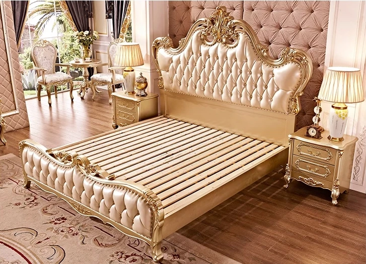 OE-FASHION custom Royal Grandeur King-Size Gold Bed Frame Antique Bedroom Set for Luxurious Villas