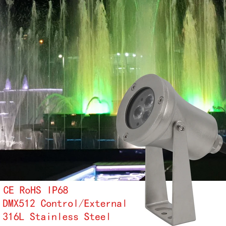 IP68 Waterproof 9W Inside DMX Control Stainless Steel Music Dancing Fountain AC/DC 12/24V RGB Led Underwater Spot Light