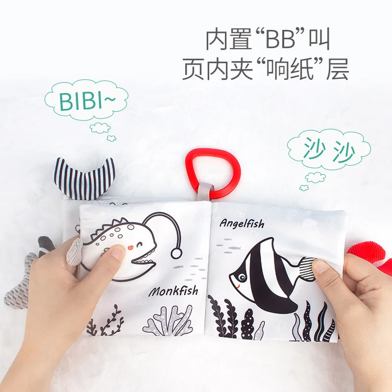 Wholesale New Design Cute Black And White Animal 3D Tails Untear-off Sounds Sensory Cloth sample Book Baby Early Education Toys