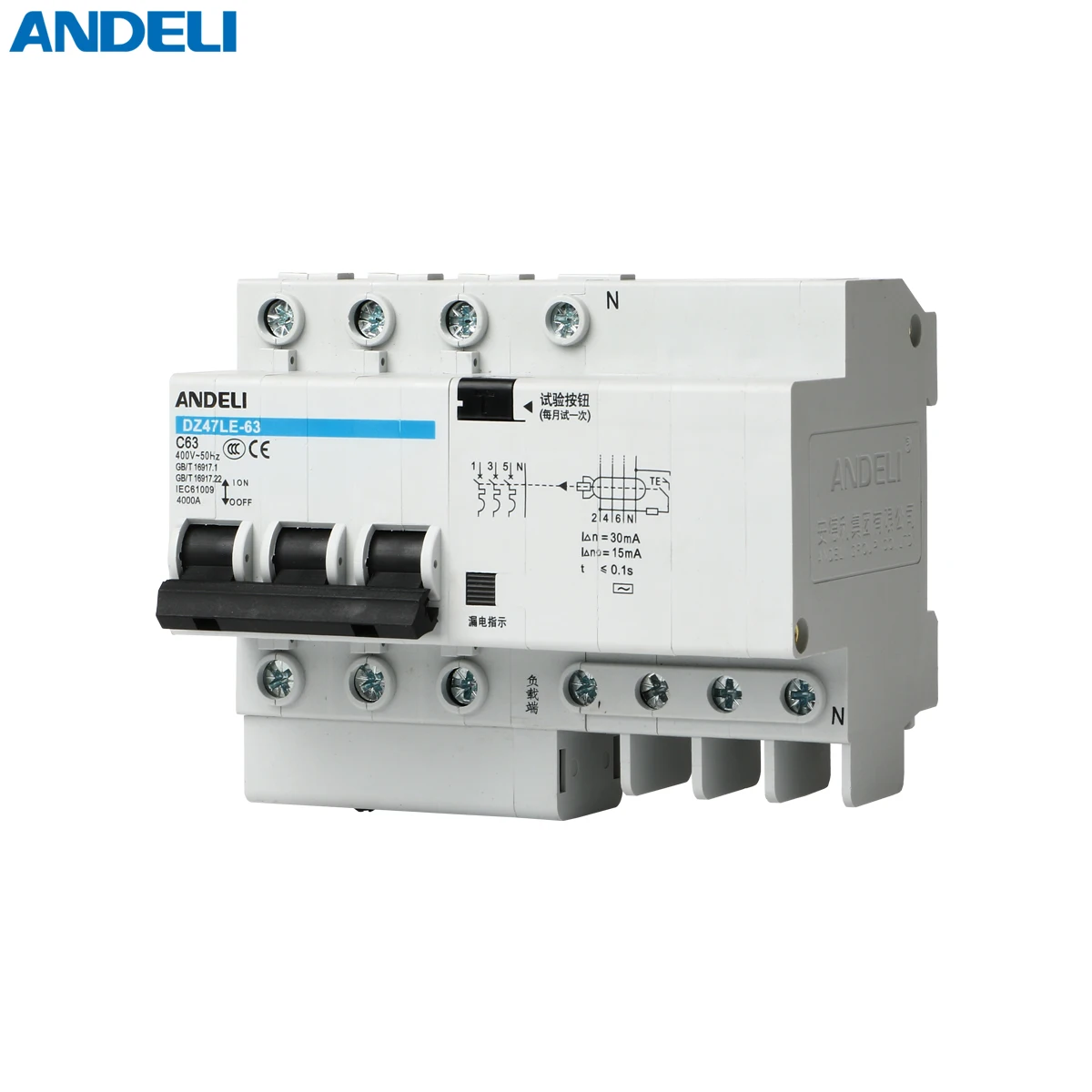  ANDELI автоматические выключатели DZ47LE-63 3P + N портативные mcb