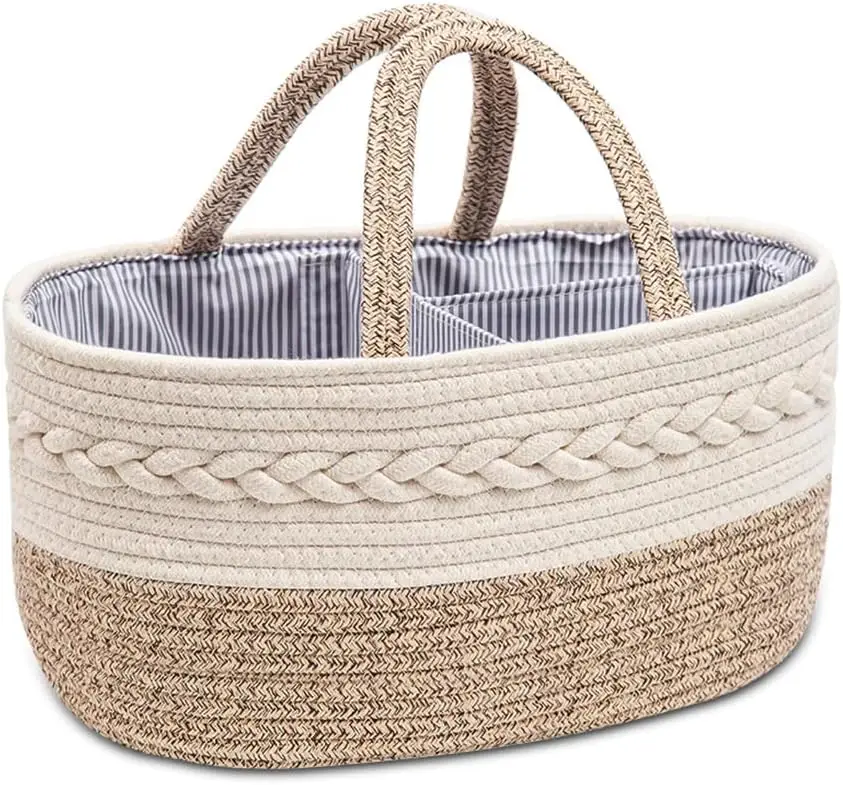 Rope Woven Nursery Storage Basket with Adjustable Divider ,Baby Diaper Caddy Organizer, Portable Car Travel Diapers Organizer