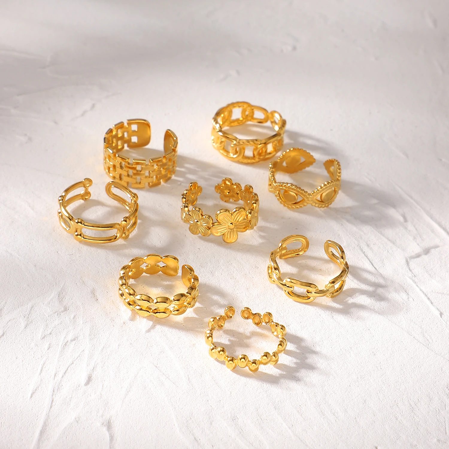 YICAI 18k Gold Link Chain Open Ring Geometric Twisted Wide Band Adjustable Cheap Stainless Steel Jewelry Ring Set For Women