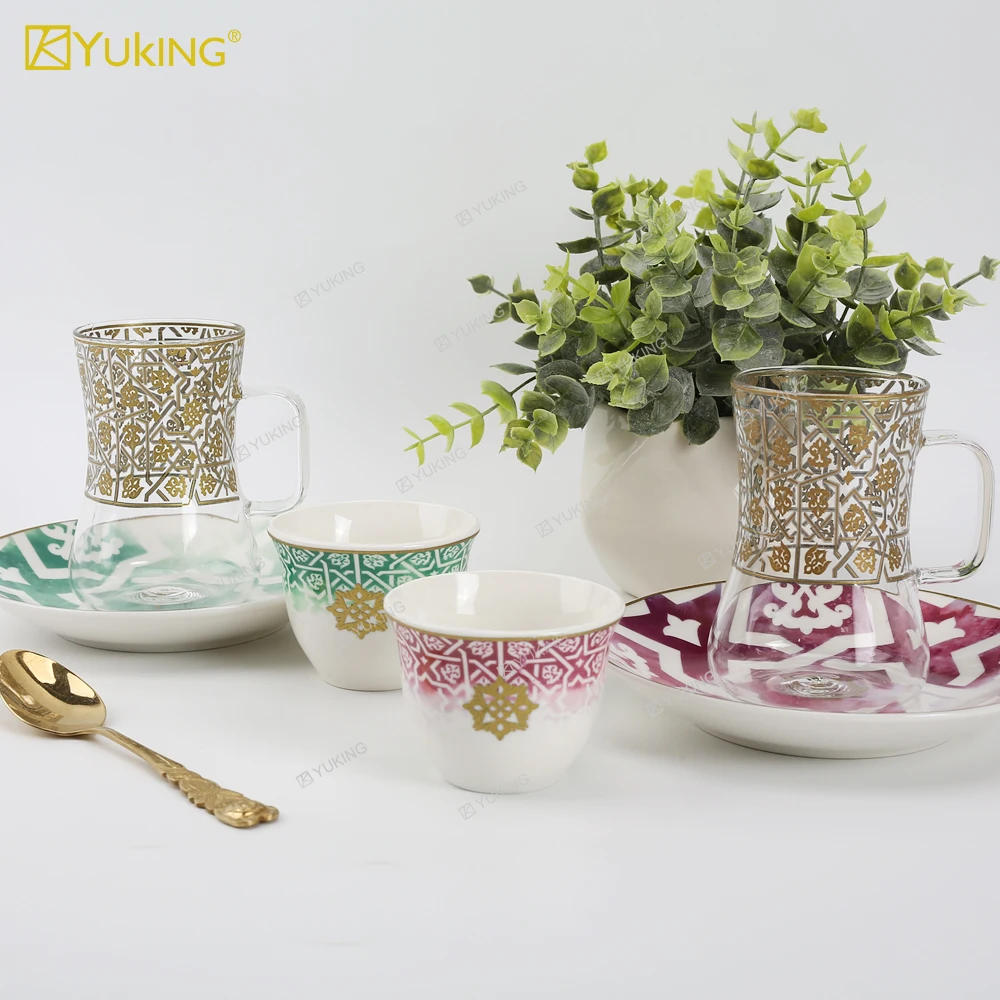New Model 18pcs Arabic Turkish Espresso Waist Clear Glass Tea and Coffee Set Luxury Kawa Cup Tea Cups Set