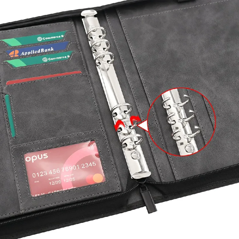 Professional Leather File Organizer Metal Ring Binder Business File Holder Zipper Organizer Notebook Portfolio Holder