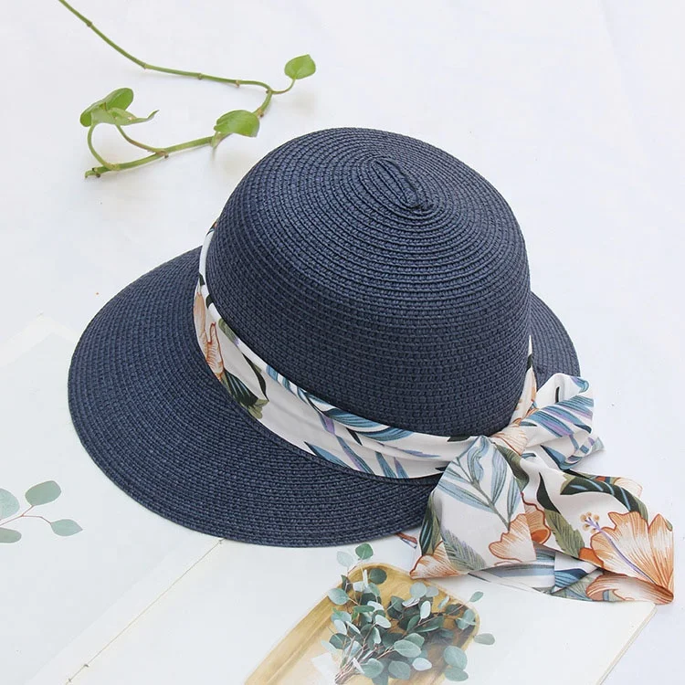 Fashionable paper bucket hat floral printed ribbon adjustable beach hats for women summer foldable handy straw hat
