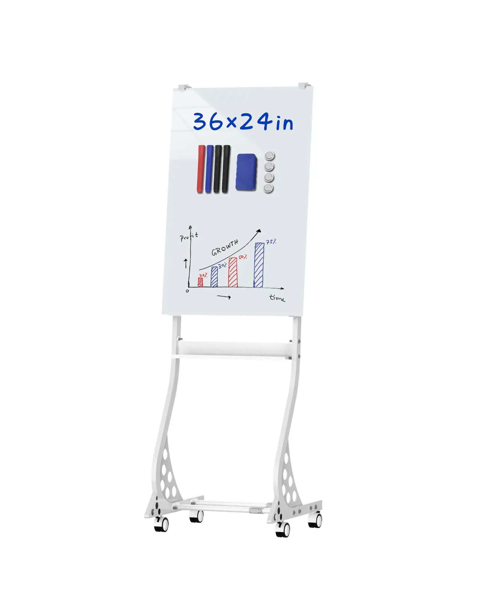 Mobile Glass Whiteboard, Magnetic Glass Board/w Height Adjustable, Large Portable Dry Erase Board with Stand and Wheels