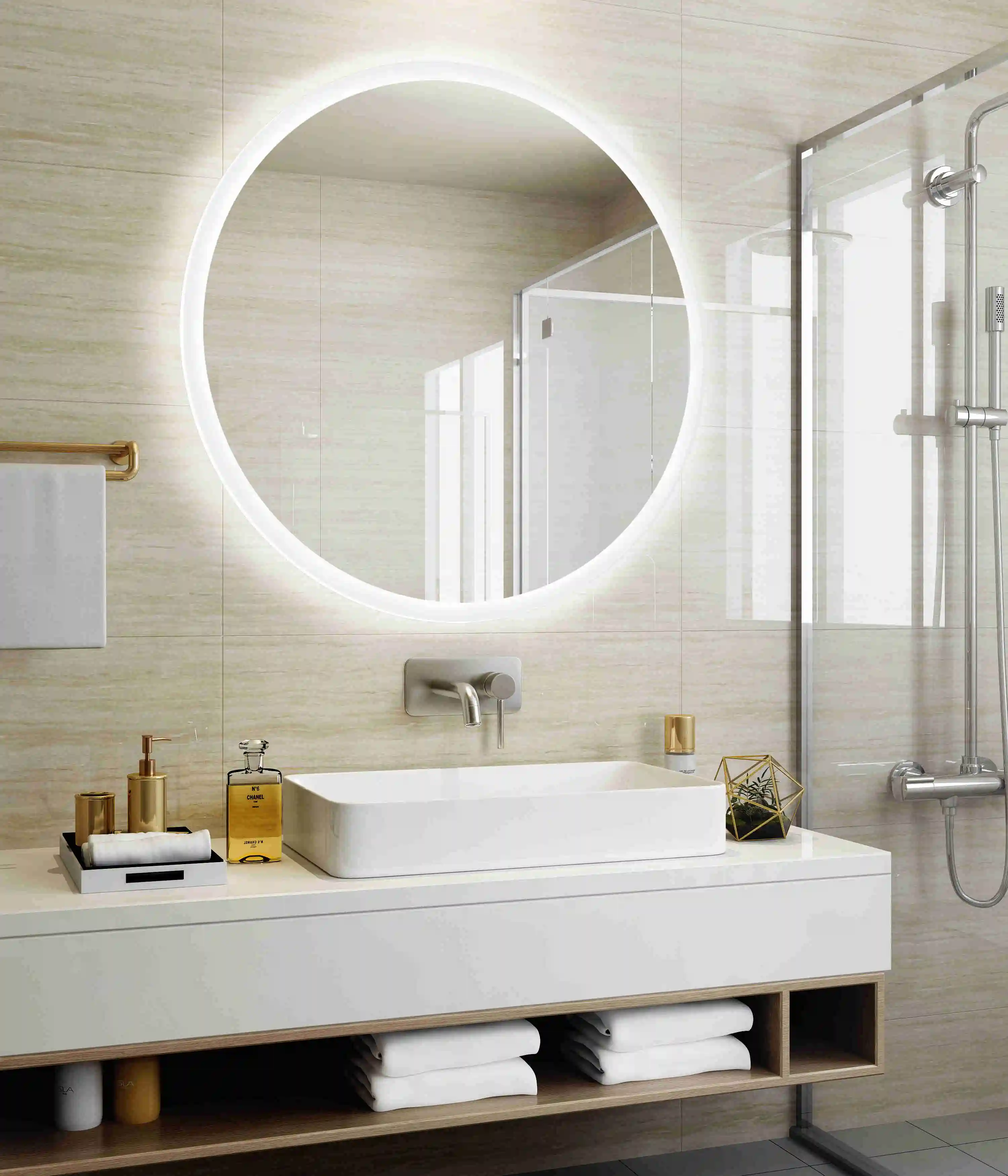 Bathroom luxury	led smart touch screen defogger light mirror bath illuminated	with frameless and time display shower make up
