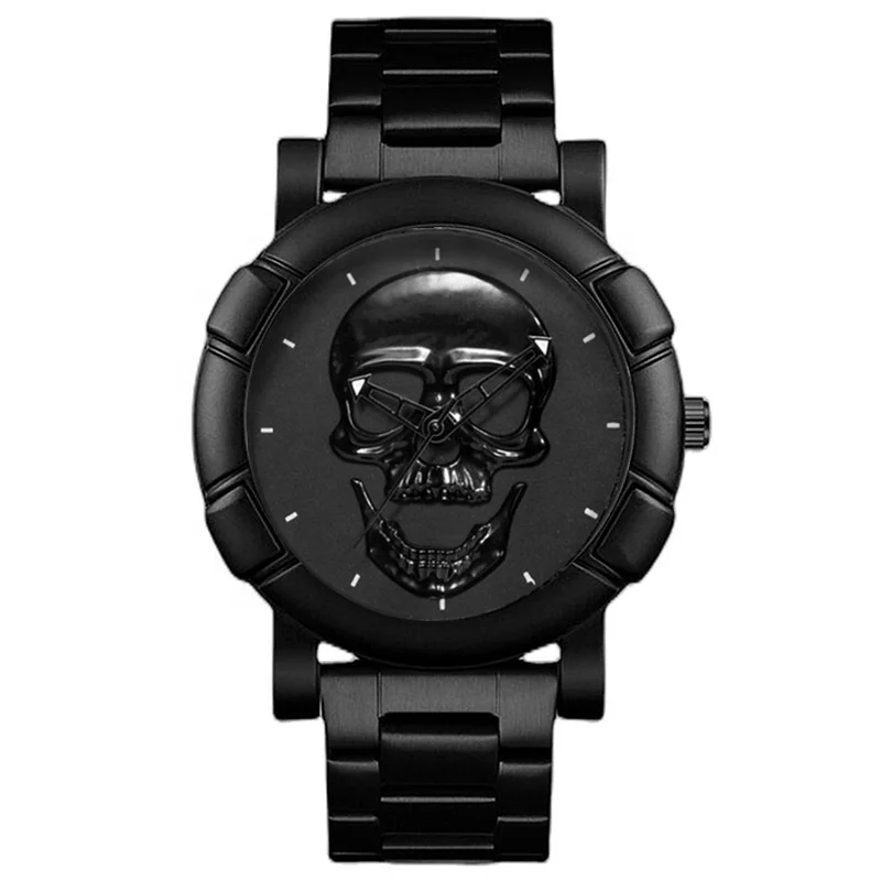 Y335 New arrival popular Luxury black round steel  strap human skeleton skull quartz watch for men