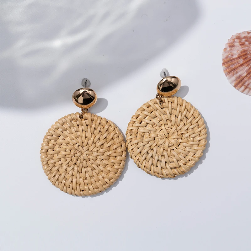 Rattan Earrings Women Summer Hoop Wicker Straw Handmade Beach Jewelry Woven Round Drop Dangle Earrings