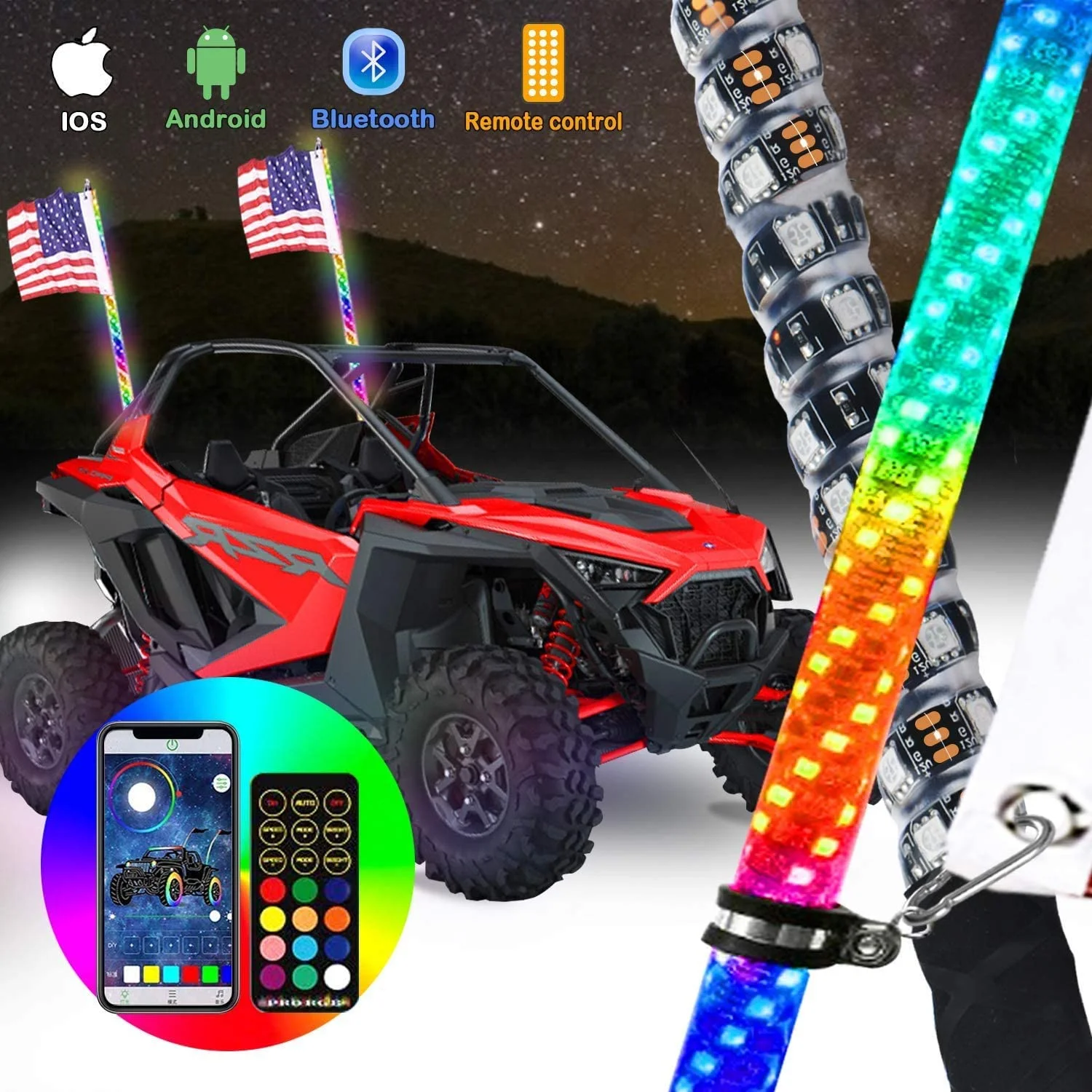 3 4 5 6 Feet Blue tooth Control RGB LED Spiral Whip Lights antenna light Wrapped for ATV UTV RZR Off Road Polaris for Jeep Truck
