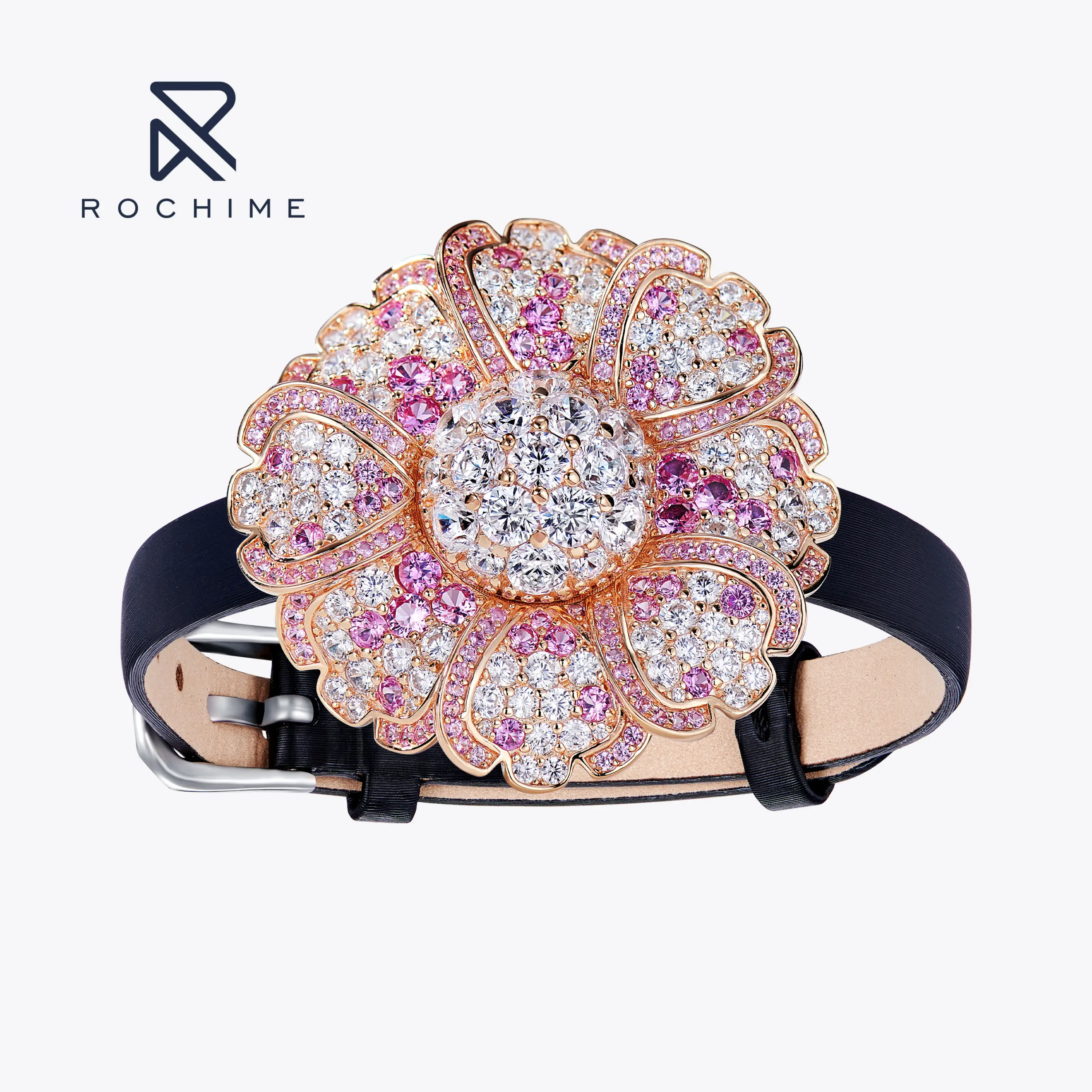 Rochime luxury eternal flower wristband bracelet and brooch 925 sterling silver gold plated zircon fine jewelry for women