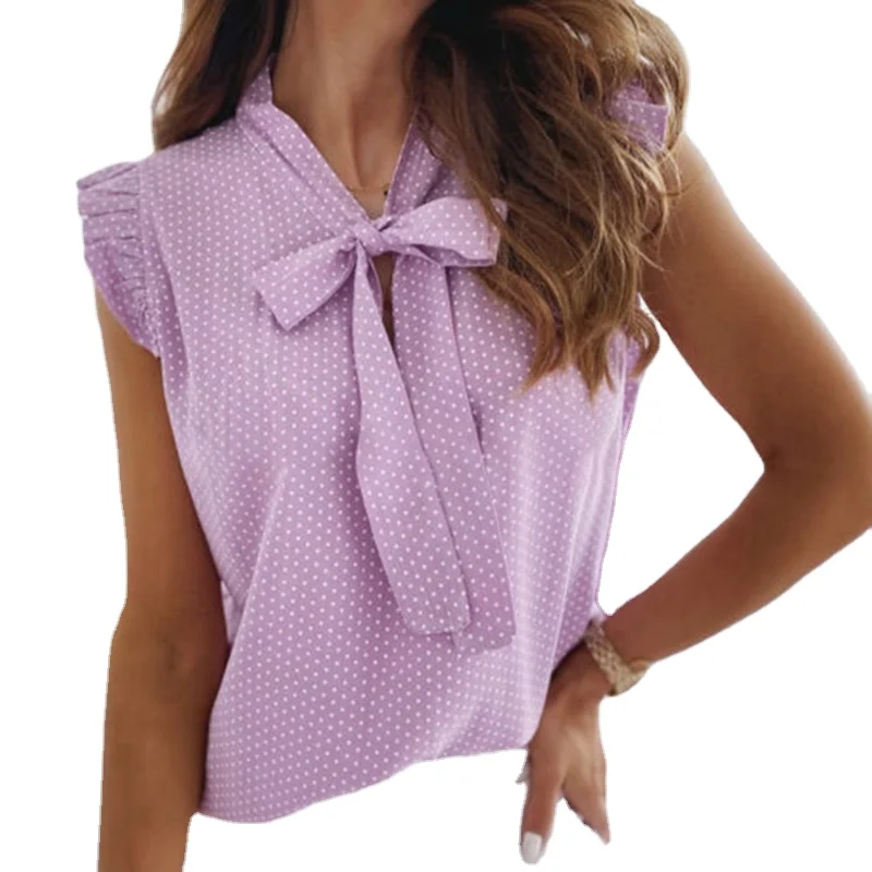 Women Summer Elegant Ruffles Sleeveless Polka Pot Lace Up Tie Bow Blouses and Shirts Casual Oversize Tops Sexy Pullover Tunic