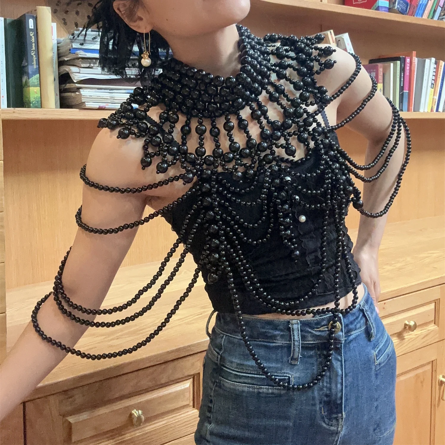 Sexy Black  Body Chain Bra Fashion Necklace Bridal Jewelry Top Chain Handmade Beaded Bridal Wedding Dress Body Chains for Women