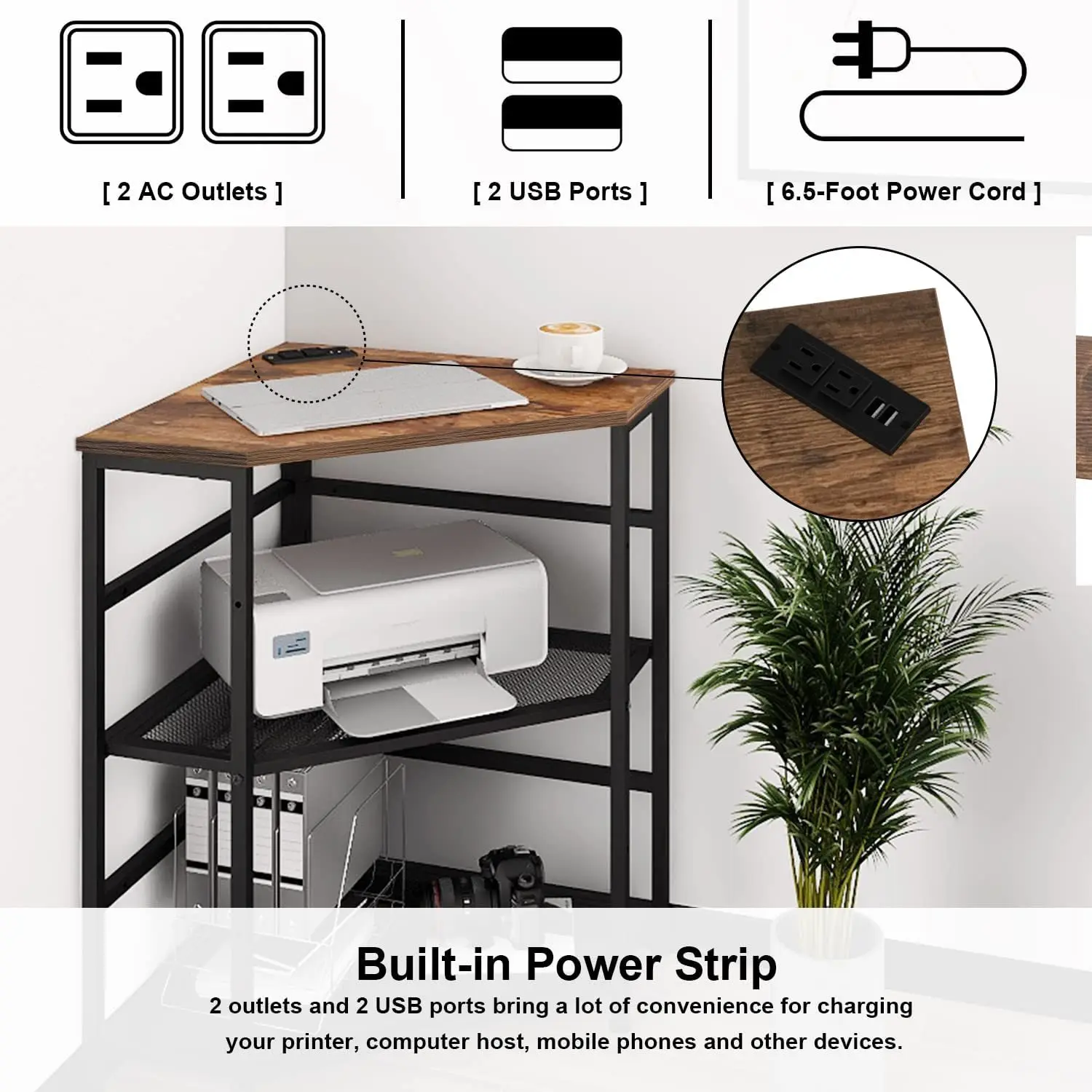 Wooden Floor Computer Print Stand Table Side PC Desk with 3 Tier Storage