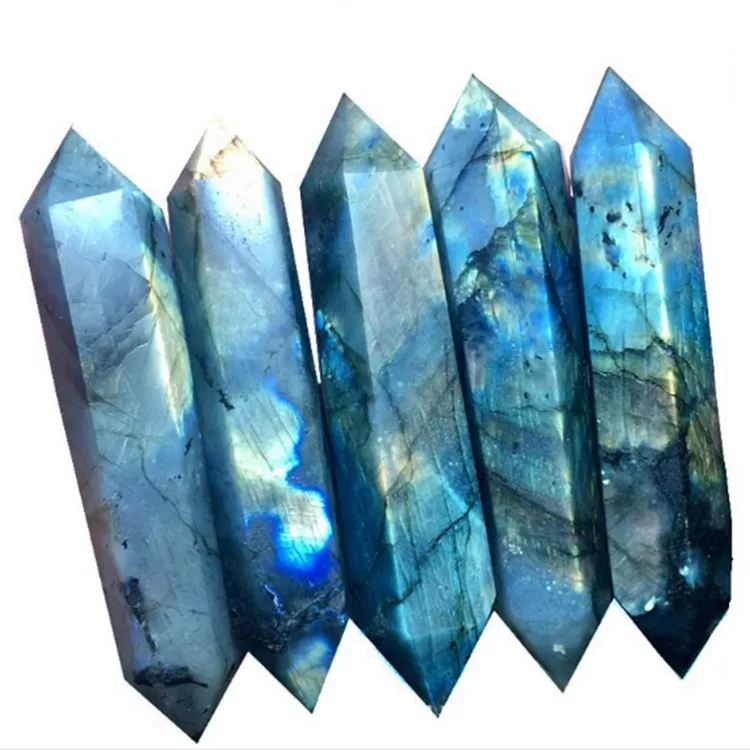 Natural blue rainbow moonstone double-pointed six prisms large crystal column point