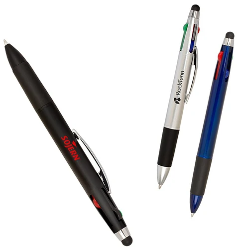 customized 3 color Multi-Color ink custom logo stylus Ball Pen with soft rubber grip-black blue red ink ball pen with stylus