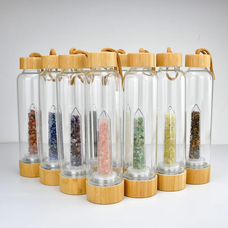 Natural Healing Gemstone Glass Drinking Water Bottle Bamboo Lid Crystal Infused Water Bottle