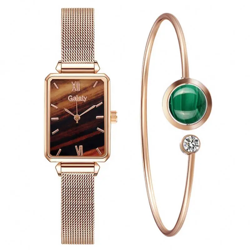 Cheap Women Watches Fashion Square Ladies Quartz Watch Bracelet Set Green Dial Simple Rose Gold Mesh Luxury Lady Jewelry Watches