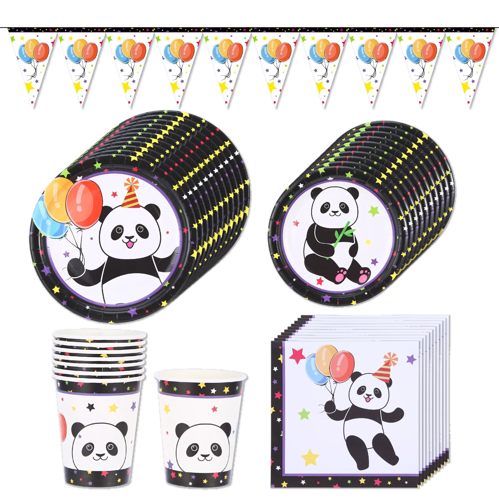 2022 Party panda theme disposal kung fu panda ornament Paper Plate Set plates 9inch 7inch cups napkin black panda theme