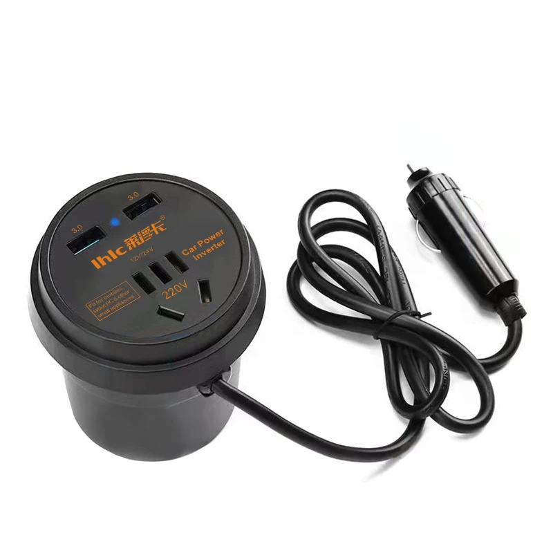 Outlet Cup Holder Car Converter Adapter with 2.4A Dual Smart Quick USB Charger Car Power Inverter 150W DC 12V to 110V 220v