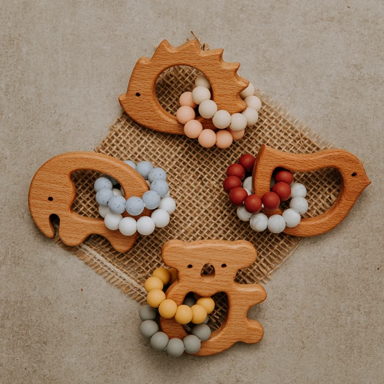 Olive Oil Natural Wooden Food Grade Silicone Baby Animal Teether Chewing Bracelet Rattle