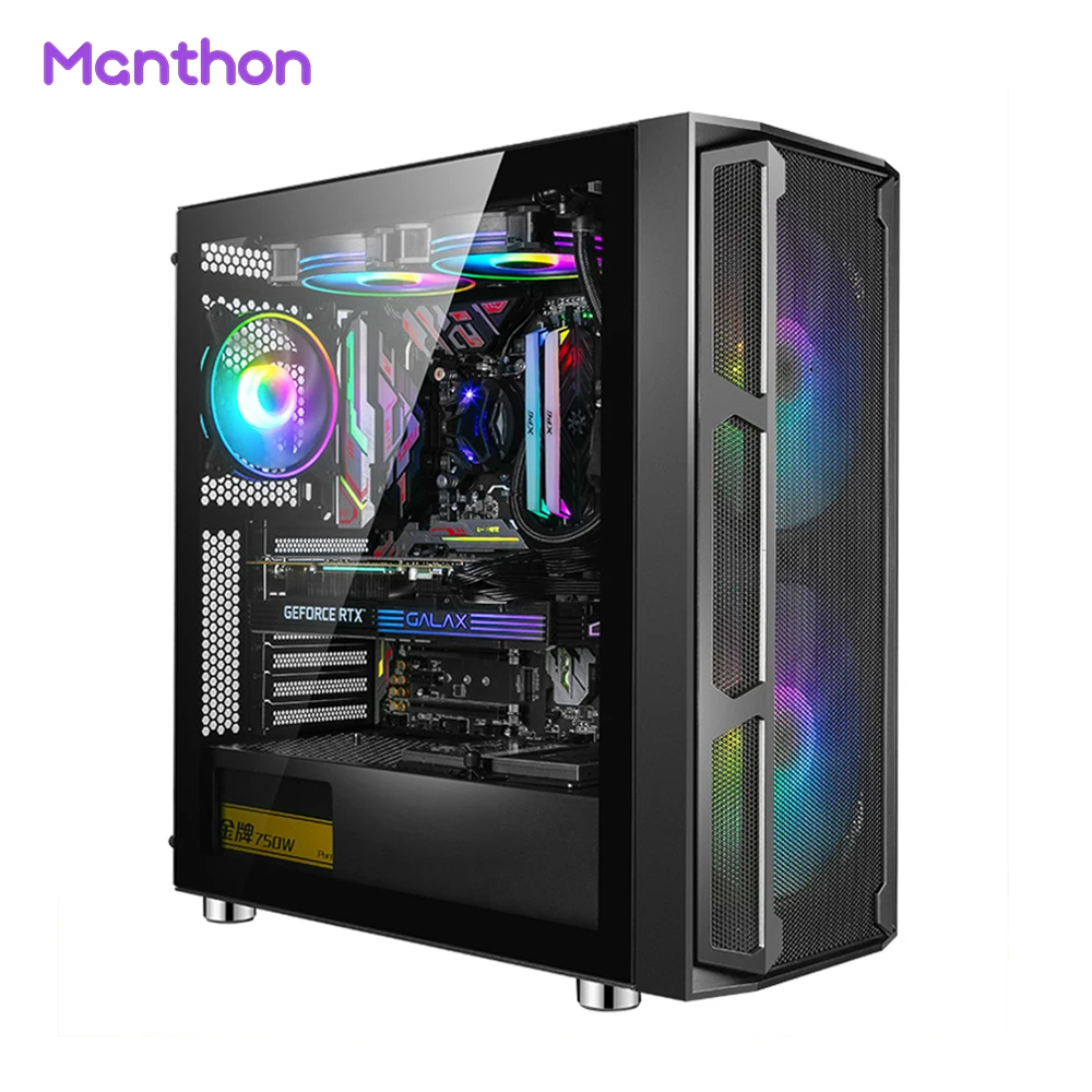 High Quality Black Mesh Atx Tower Gaming Computer Cases Towers With Tempered Glass Office Computer Casing Desktop Pc Case