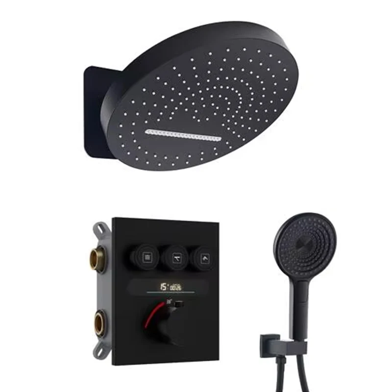 Black Thermostatic Shower System 3-function White Rainfall Round Shower Head