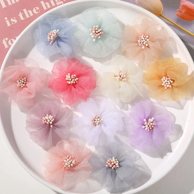 high quality organza little girl flower hair clip accessory  high quality crochet flower decorative for dress garment