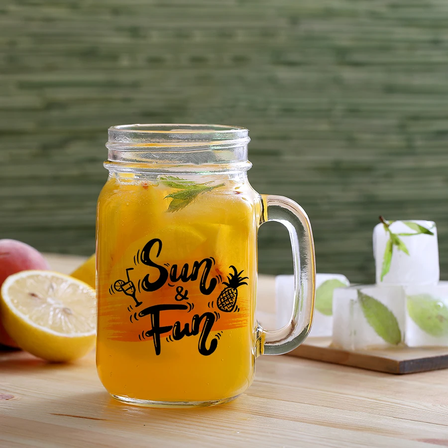 Factory wholesale 430ml smooth surface clear Glass Mason Jars transparent coated crystal mason glasses with hand grip straw lids