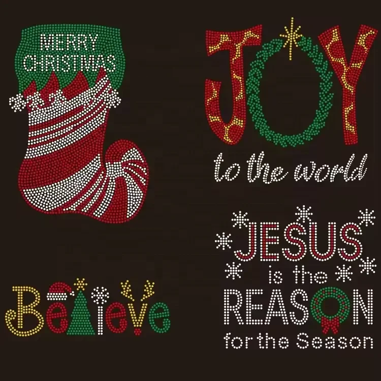 Custom Flatback Iron Patch Holidays Christmas Believe Rhinestone Heat Transfer Design for Clothes Shoes Bags shirts hoodies hat