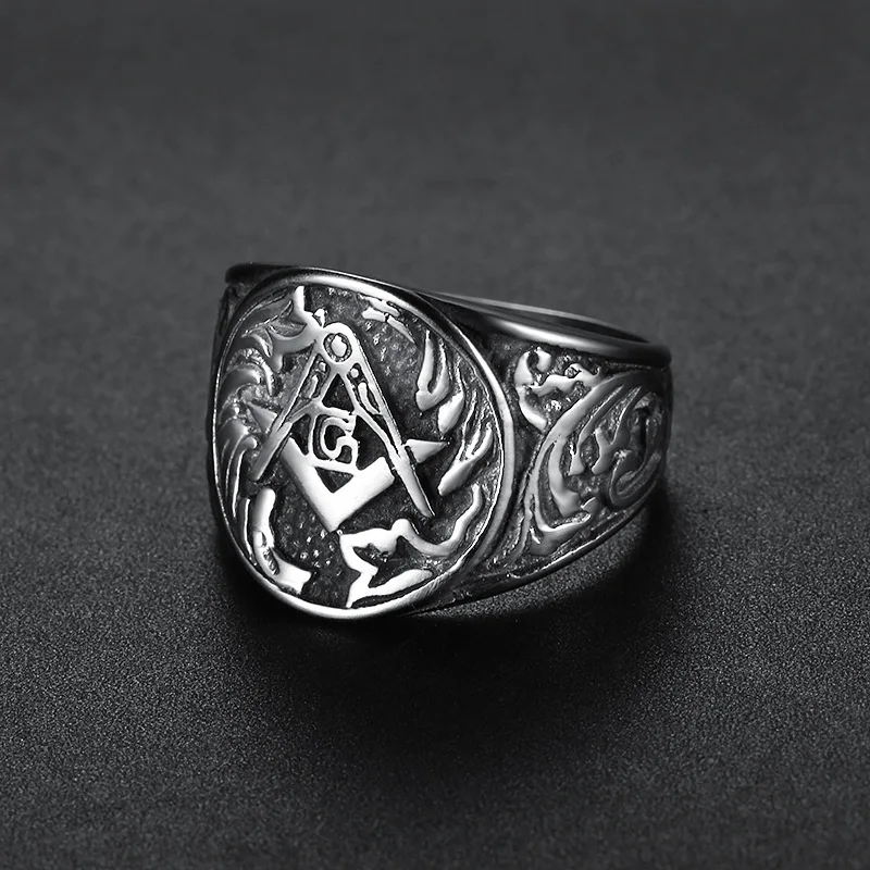 Masonic Vintage Embossed Punk Waterproof 18K Gold Plated Stainless Steel Non Tarnish Fashion Jewelry Rings Male Mens Man