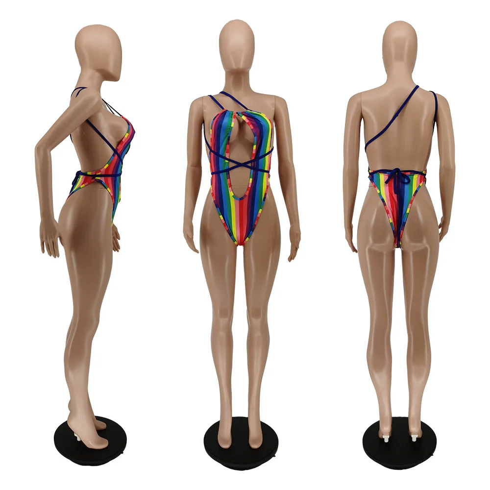 S to 2XL Wholesale Cheap Summer Rainbow Print  One Piece Swimwear For Women