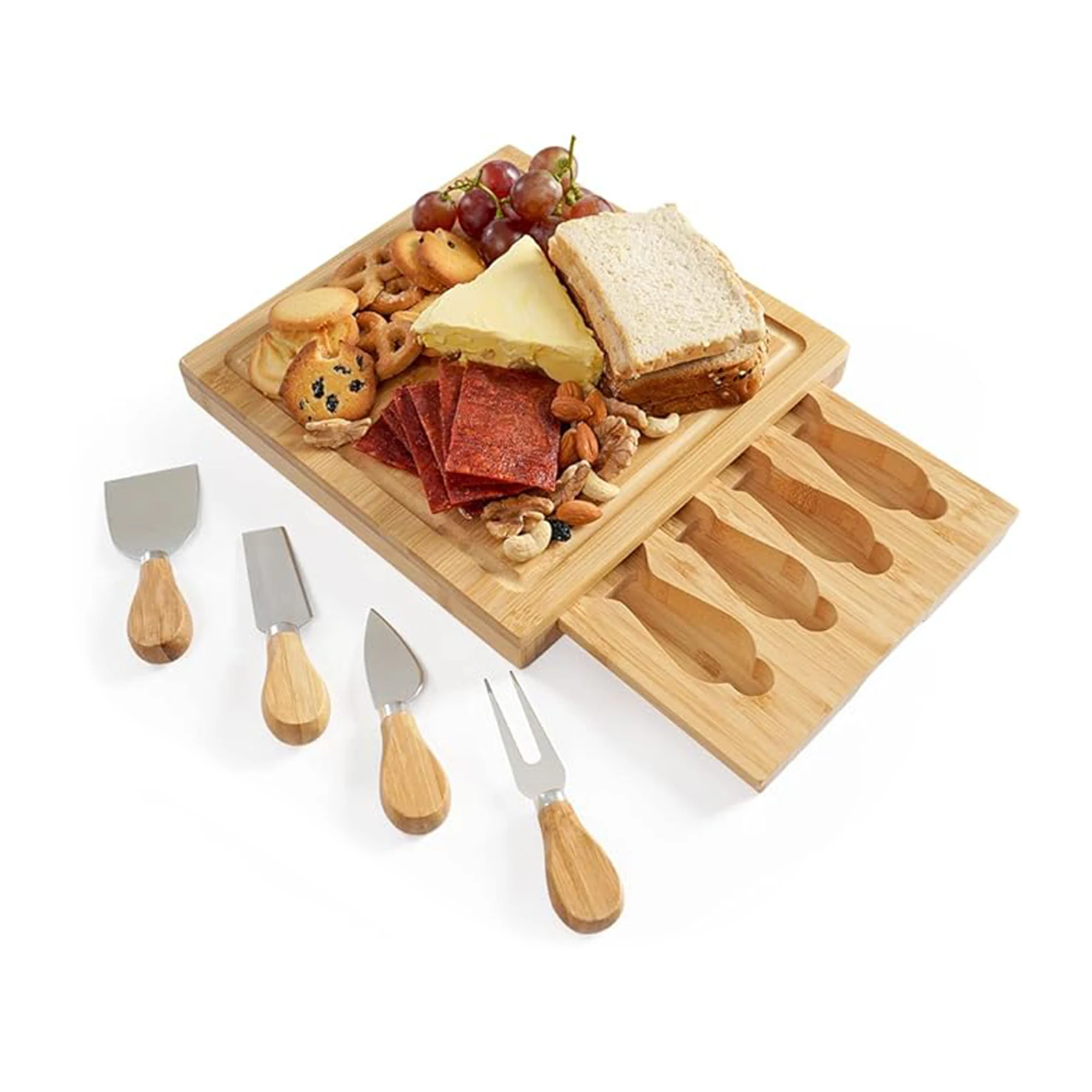 Customized Square Cheese Cutting Board And Knife Set Charcuterie Plate With Stainless Steel Knives And Sliding Drawer