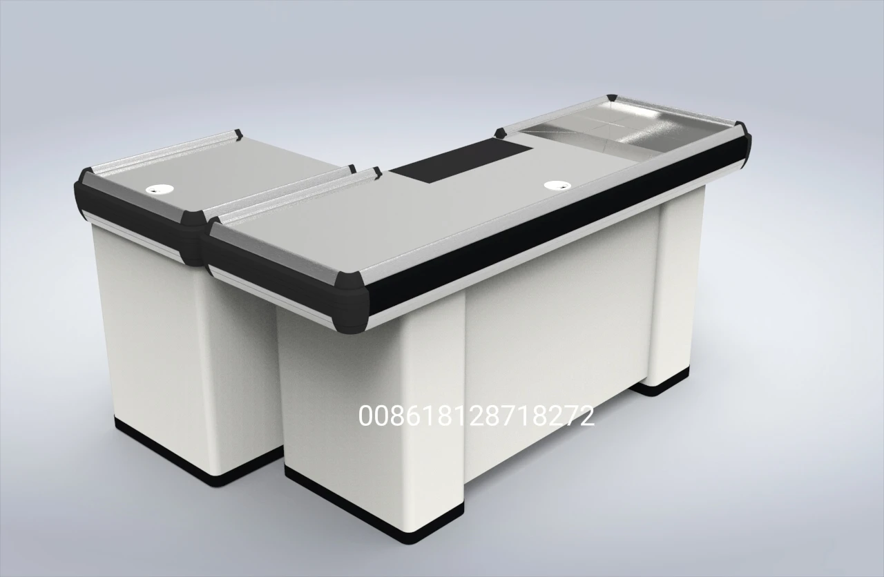 Supermarket Cashier Cash Desk Checkout Counter Edge Steel Belt Sets Packing Finish Plastic Powder Material Origin Type Aluminum