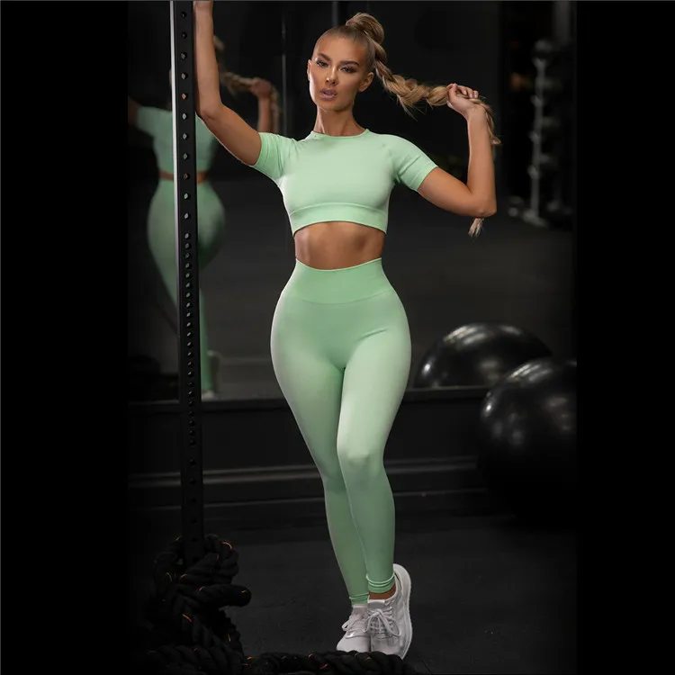  Спортивная одежда для спортзала и фитнеса короткий топ с коротким рукавом штаны тренировок женские комплекты йоги из 2 предметов
