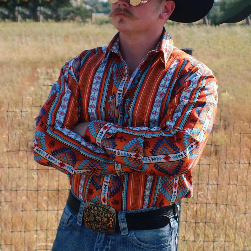 Custom Western Vintage Aztec Print Botton Down Shirts Tops Blouse Clothing Long Sleeve Cowboy Shirt For Men