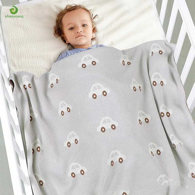 
New Arrival Custom Knitted 100% Cotton Baby Clothes Muslin Blanket Newborn Throw Blanket With Car Pattern Stroller Wrap Swaddle 