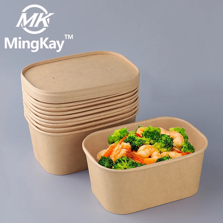 Eco friendly biodegradable kraft paper square recyclable disposable takeaway food bento box with paper and pp lid