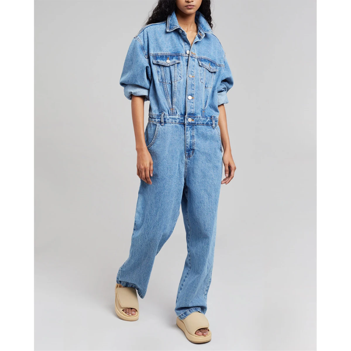 Custom One Piece Jeans Long Sleeve Stone Wash Girdling Denim Jumpsuit For Women