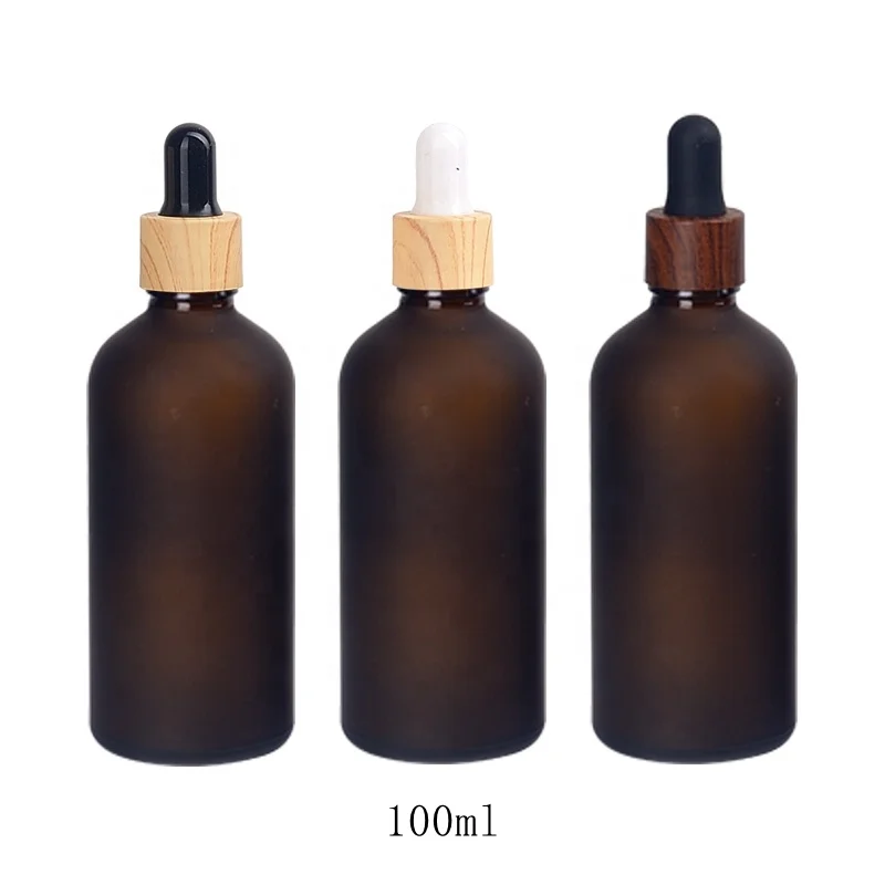 100 ml frosted amber glass dropper bottle frosted brown glass cosmetic bottle with wooden plastic dropper