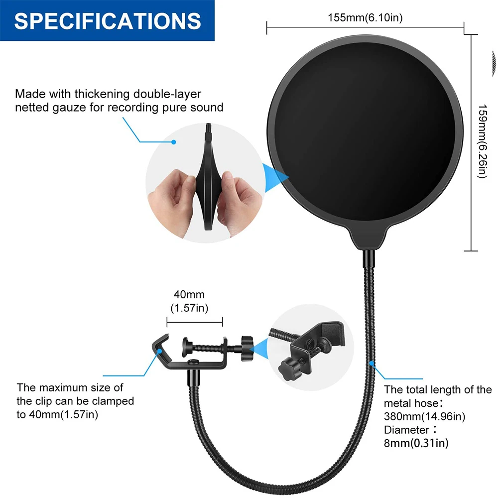 Professional Mic Dual Layered Microfons Pop Shield Studio Recording Microphone Pop Filter