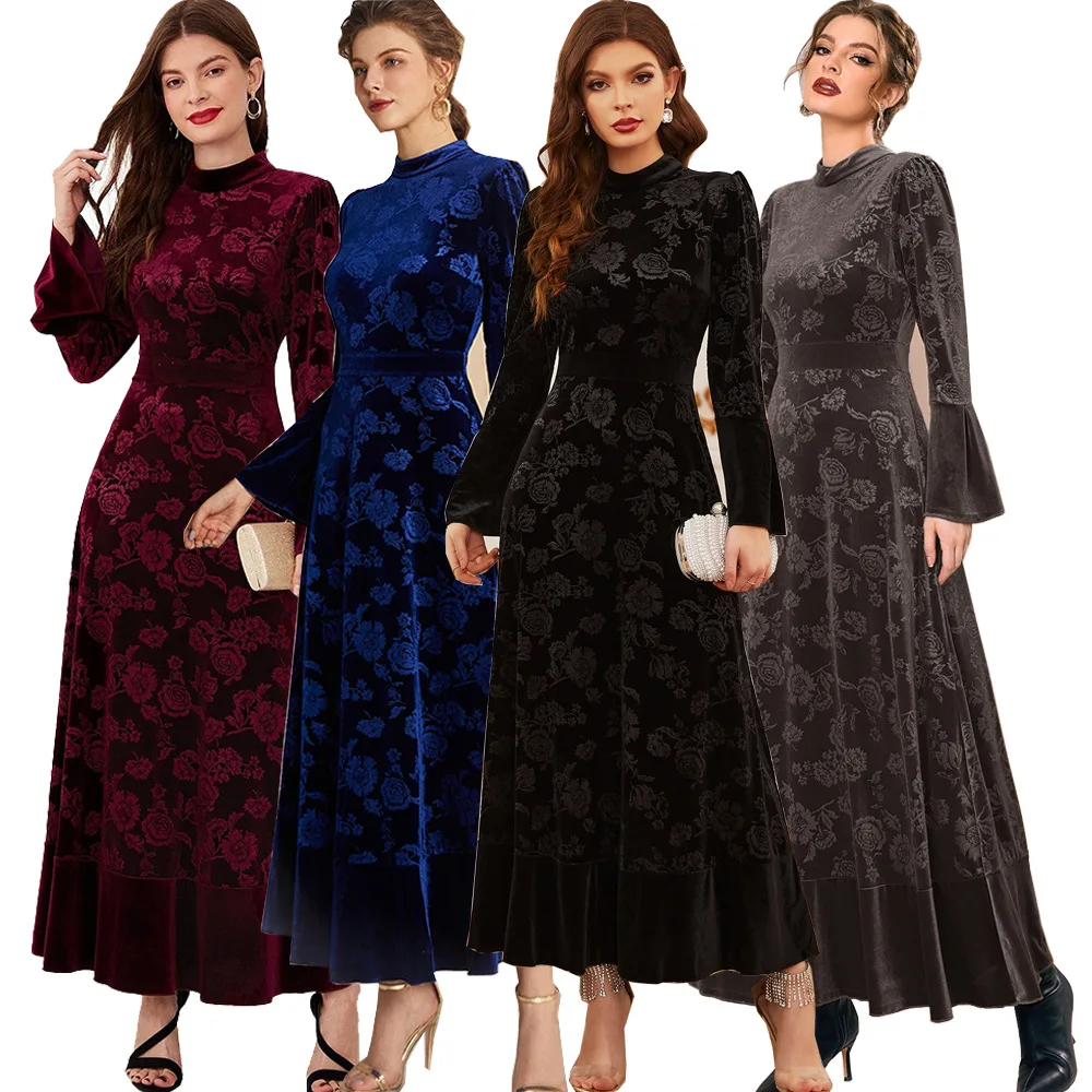 Dubai American autumn winter fashion muslim women modest clothing flower pattern velvet islamique abaya