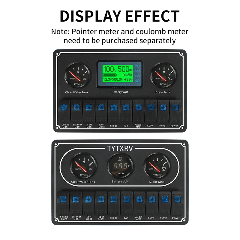 TYTXRV RV Accessories 12V/24V 10 Gang Control Switch Panel with Blue Lamp Waterproof Rocker Switch for RV Trailer Bus Marine