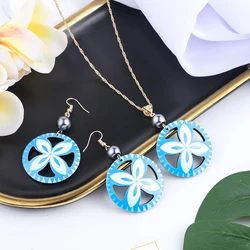 SophiaXuan new samoan Fashion Blue Aegis Necklace Acetate Acrylic Earrings Wholesale Hawaiian Jewelry Set