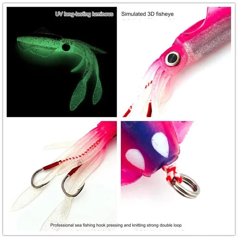 Wholesale 60G Luminous Soft Bait Saltwater Octopus Squid Skirt Tuna Soft Plastic Swimbait River Lake Squid Fishing Lure
