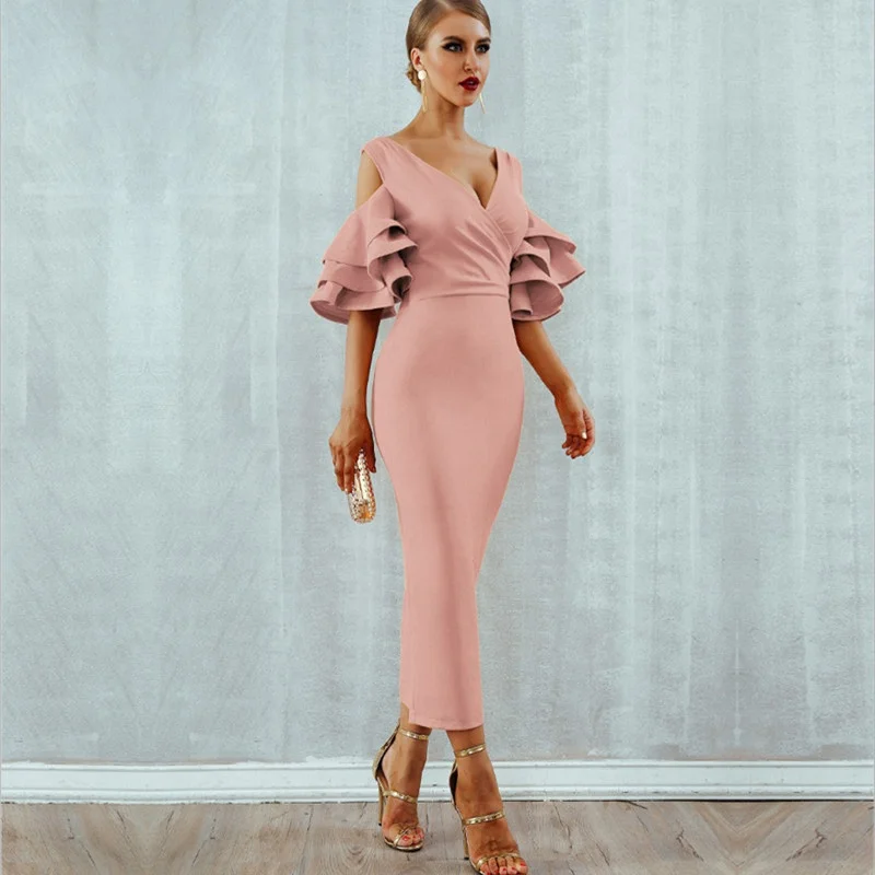 New Summer Women Club Dress  Celebrity Party Dress Yellow Red Ruffle Butterfly Short Sleeve Midi Club Dresses