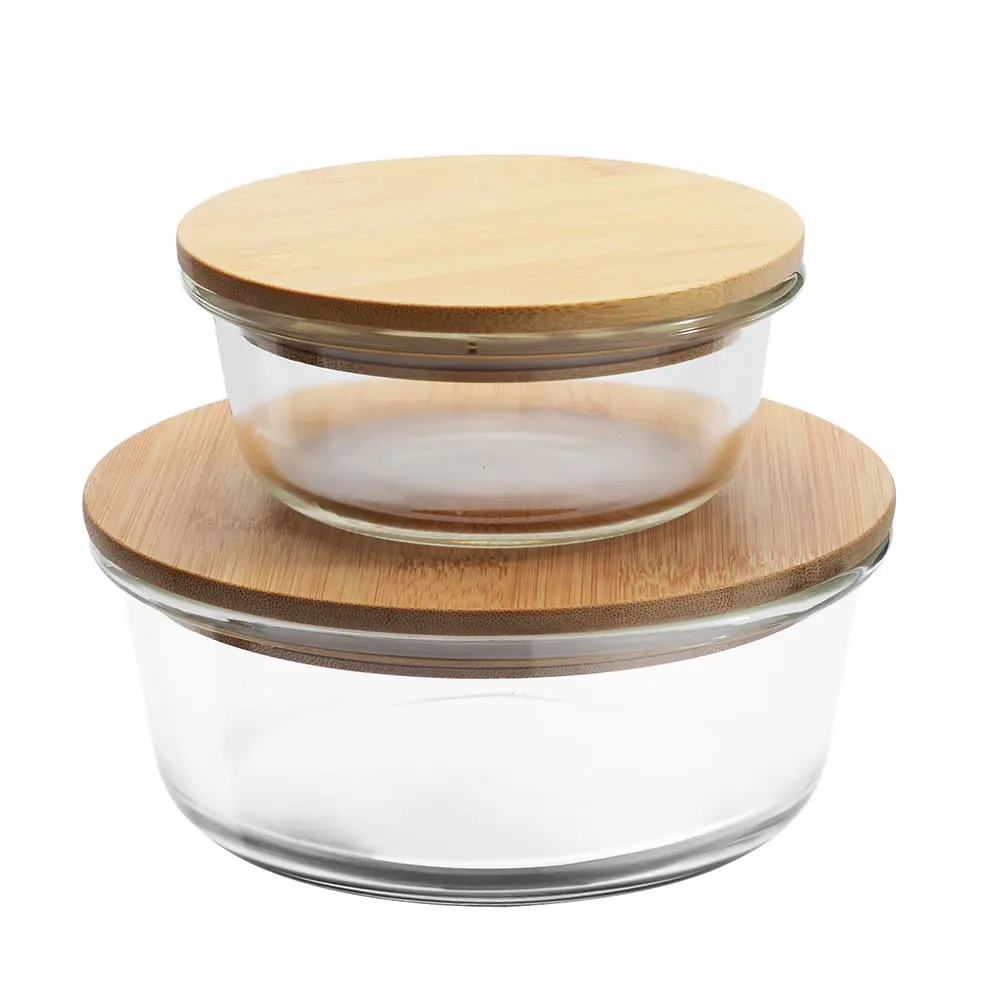 Modern Style Round Glass Food Storage Box Food Container with Wooden Lid