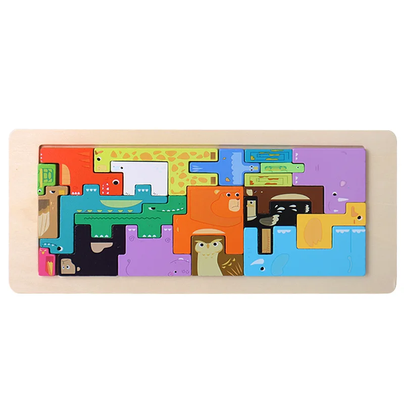 Wooden Animal Jigsaw Puzzle Brain Teasers Toy Tetris Blocks Intelligence Russian Blocks Game Montessori Educational Gift for Kid