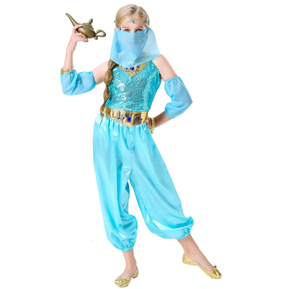 Movie  Aladdin and the Magic Lamp Jasmine Cosplay Costume Blue Dress Halloween Arab princess